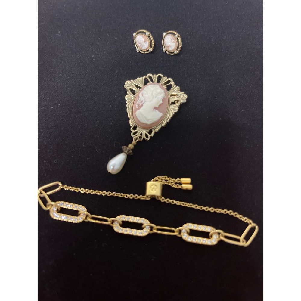 Vintage Style Cameo Brooch Earrings Set and Gold Tone Crystal Bolo Bracelet Lot - Picture 2 of 3